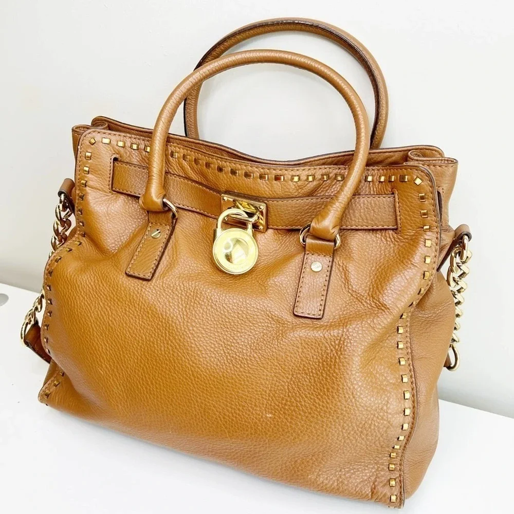 Michael Michael Kors classic cognac saffiano structured satchel embellish
